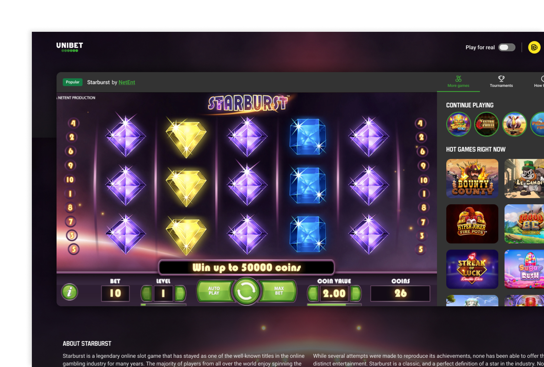Casino game desktop view