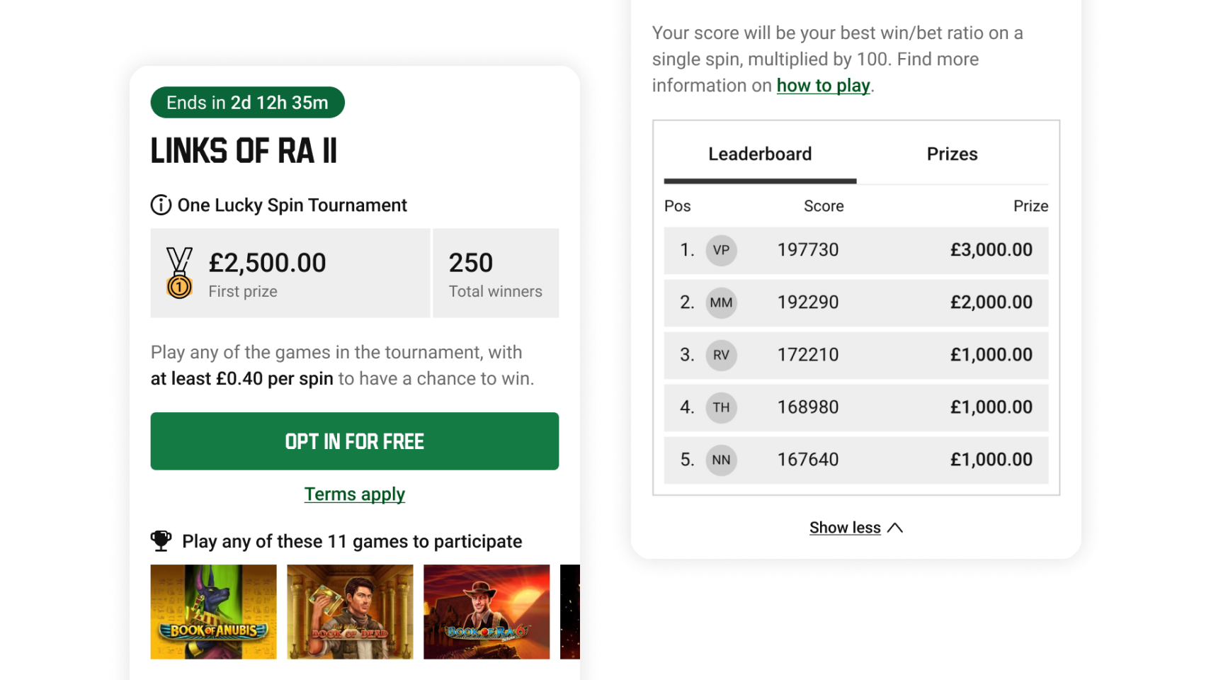 Tournament card detail view